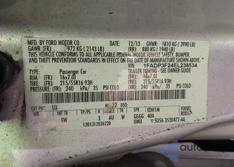 2014 Ford Focus Se из США, поврежденный, VIN 1FADP3F24EL238534